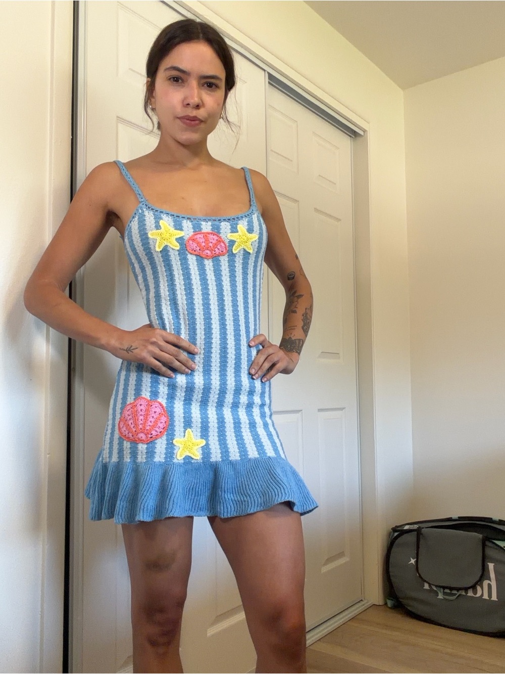 Altar'd State Blue & White Striped Knit Sundress with Shell Appliqués